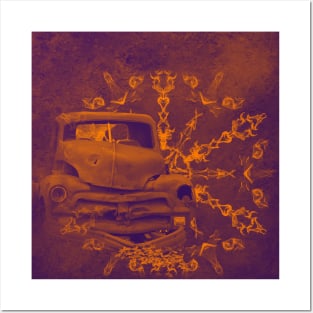 Abstract rusty car in purple and orange Posters and Art